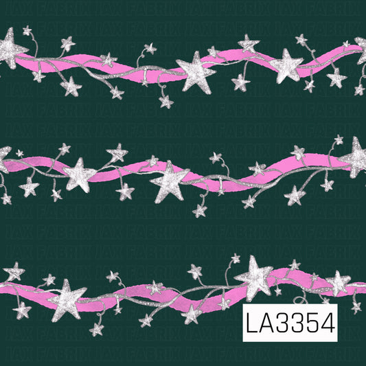 A whimsical star stripe pattern featuring shimmering silver stars and curling vines layered over flowing hot pink ribbons. Set against a deep forest green background, the design has a playful, festive feel with a touch of sparkle.
