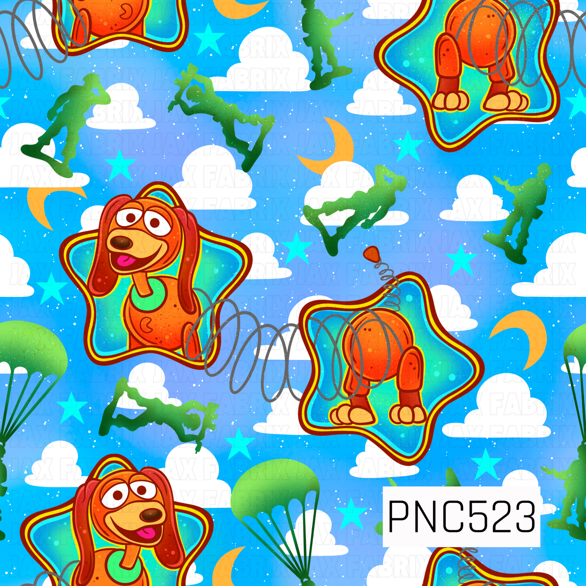 Toy-inspired design featuring a bright sky blue background with fluffy white clouds, golden crescent moons, teal stars, and playful parachutes. The pattern showcases a cheerful spring-bodied dachshund toy in colorful star frames alongside green toy soldier silhouettes, creating a fun and nostalgic adventure theme. Vibrant shades of orange, red, turquoise, green, yellow, and blue make this playful print perfect for bows, apparel, accessories, and craft projects.
