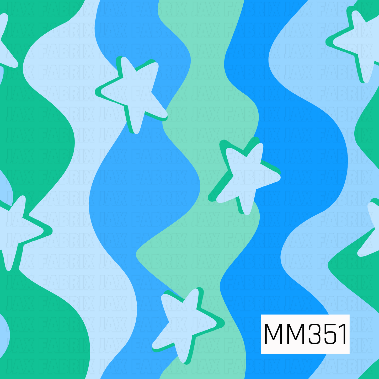 A repeating abstract pattern with wavy vertical bands in green, light blue, and medium blue, overlaid with white outlined stars.