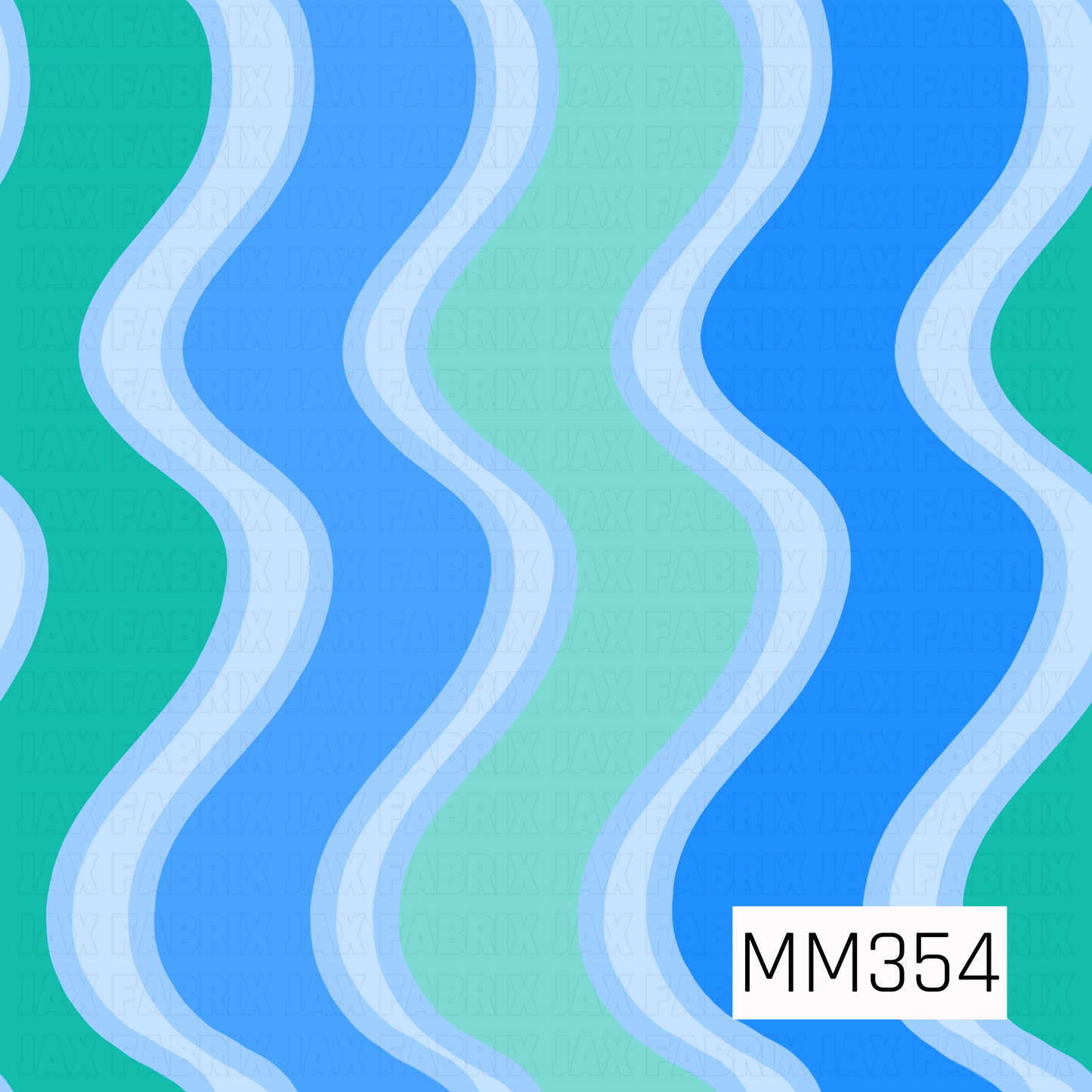A repeating wavy pattern in teal green, light blue, medium blue, and pale blue