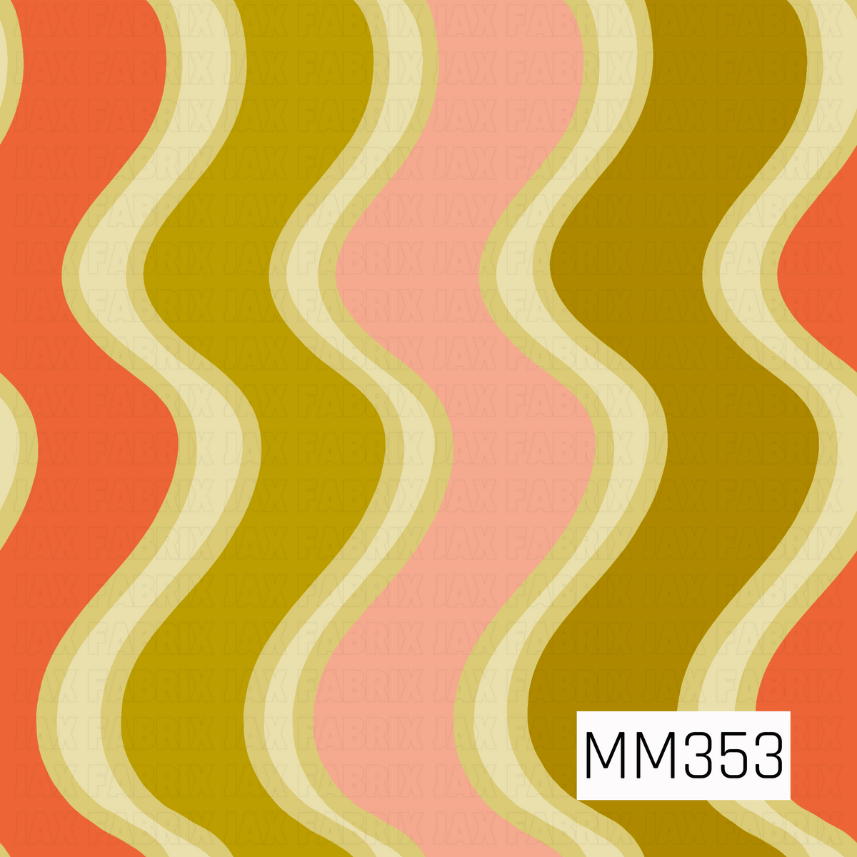 A retro-style wavy stripe pattern with vertical undulating bands in coral orange, olive yellow, blush pink, and cream