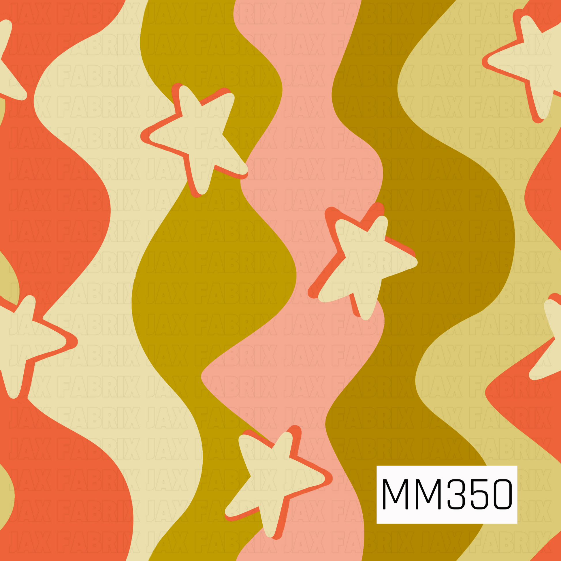 A repeating abstract pattern with wavy vertical bands in coral orange, olive green, pink, and cream, plus cream stars outlined in orange. 