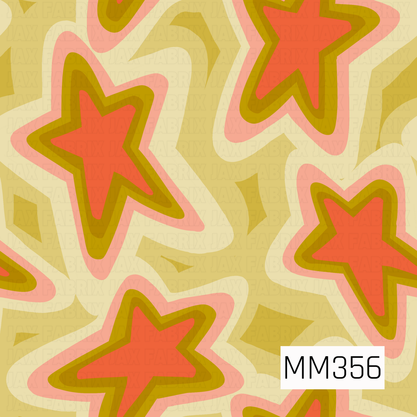 A repeating retro pattern featuring coral-pink five-point stars with olive green and pink borders on a warm beige background.
