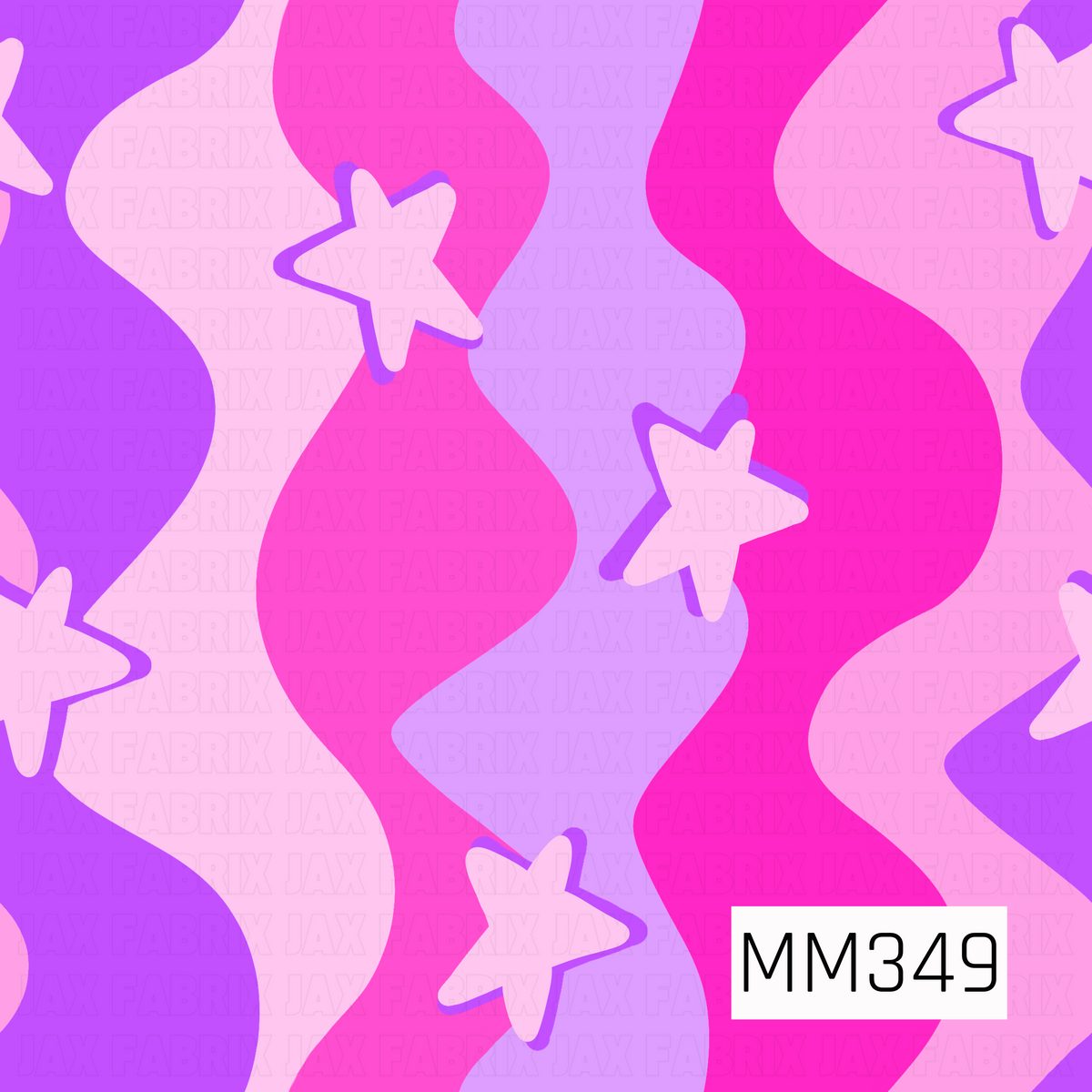 A bold retro seamless pattern featuring flowing wavy shapes in vibrant pink, purple, and soft blush tones. Playful cream stars with purple shadow accents are scattered throughout, giving the design a fun, groovy psychedelic feel.
