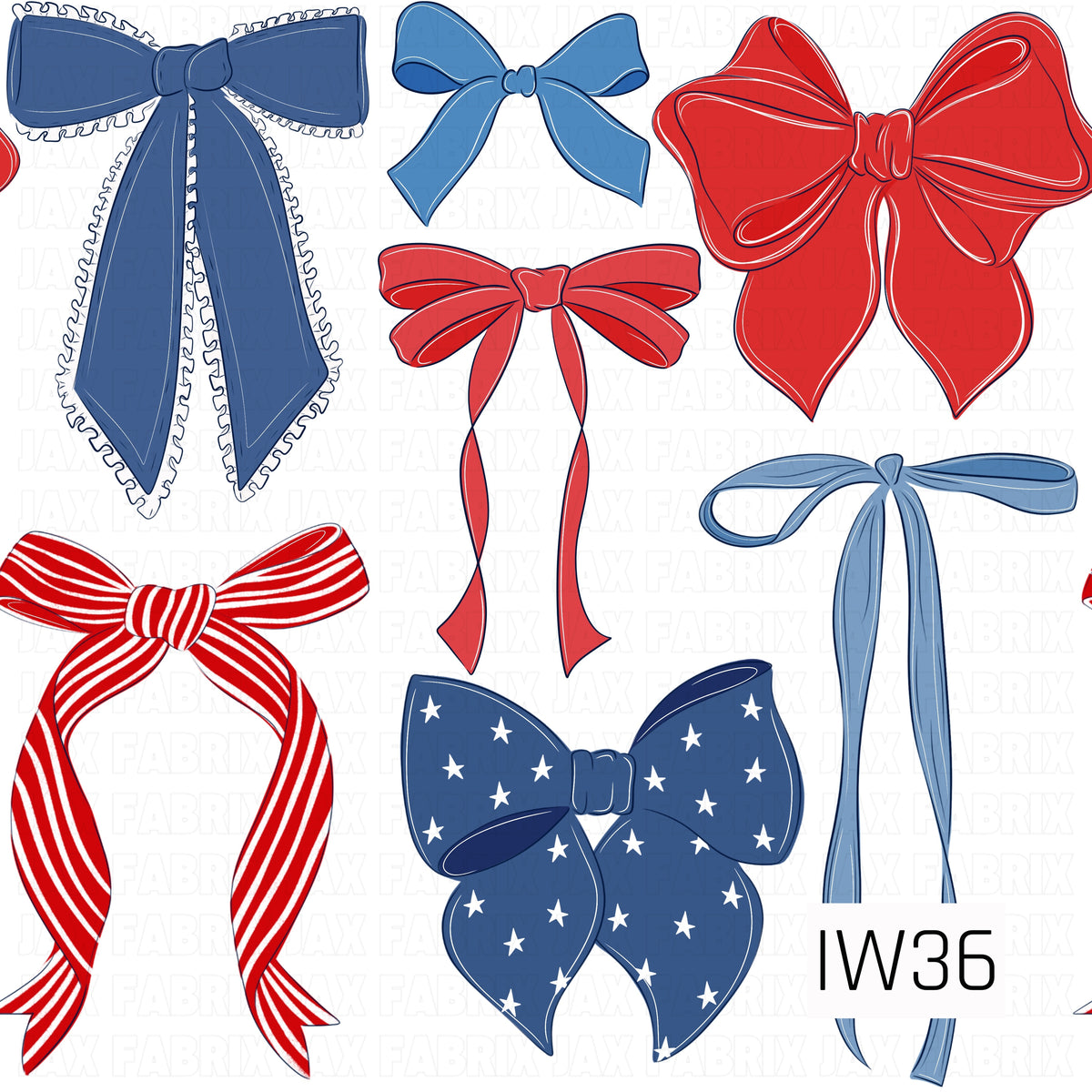 A patriotic bow pattern featuring an assortment of oversized bows in classic red, white, and blue. From navy bows with delicate ruffled edges and white stars to bold red bows, striped ribbons, and flowing blue ribbon tails, each design features charming hand-drawn details. Scattered across a crisp white background for a festive, all-American look.