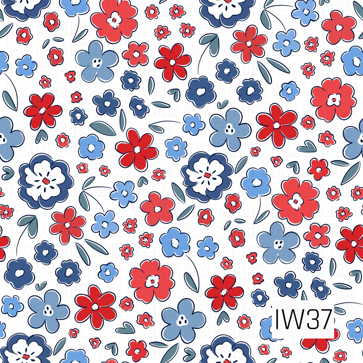 A playful patriotic floral pattern featuring an assortment of hand-drawn flowers in bright red, navy blue, and soft periwinkle. The scattered blooms feature whimsical shapes, contrasting centers, and bold navy outlines, accented by delicate sage green leaves and stems. Set against a crisp white background for a cheerful, vintage-inspired summer look.