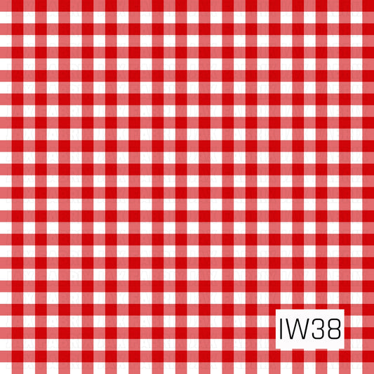 A classic red and white gingham pattern featuring evenly spaced horizontal and vertical stripes in vibrant red and soft white. The overlapping stripes create alternating shades of red and pink, giving the design a timeless, picnic-inspired look perfect for summer and patriotic projects.