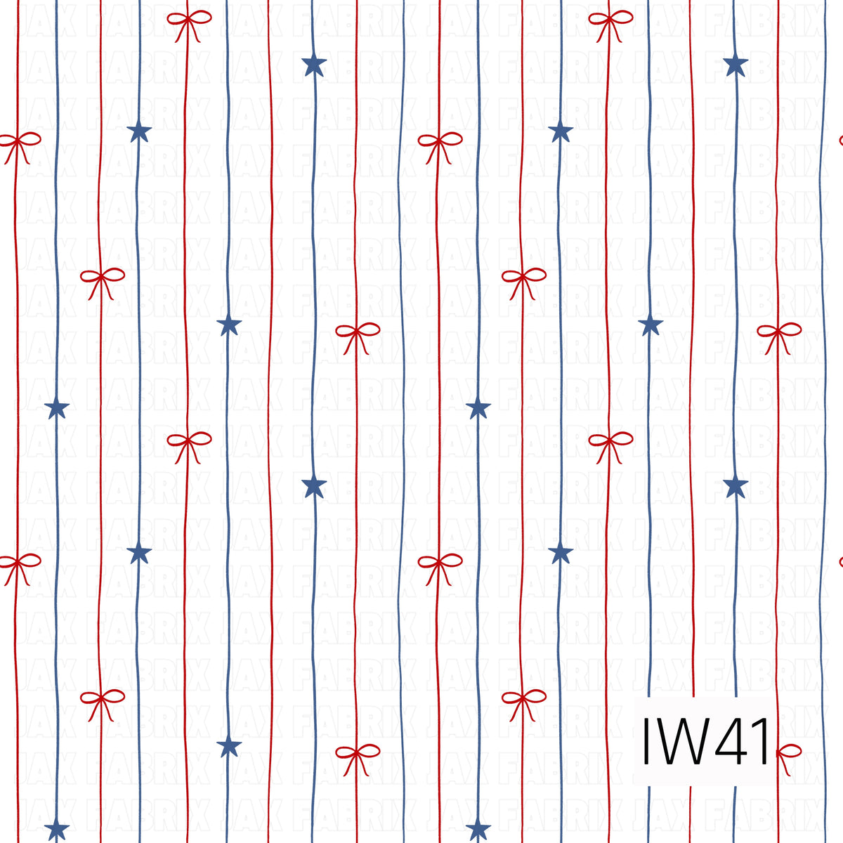 A charming patriotic stripe pattern featuring thin, slightly wavy vertical lines in classic red and navy blue. Delicate red ribbon bows and small navy stars are scattered along the stripes against a crisp white background, creating a sweet, whimsical look with a subtle hand-drawn feel.