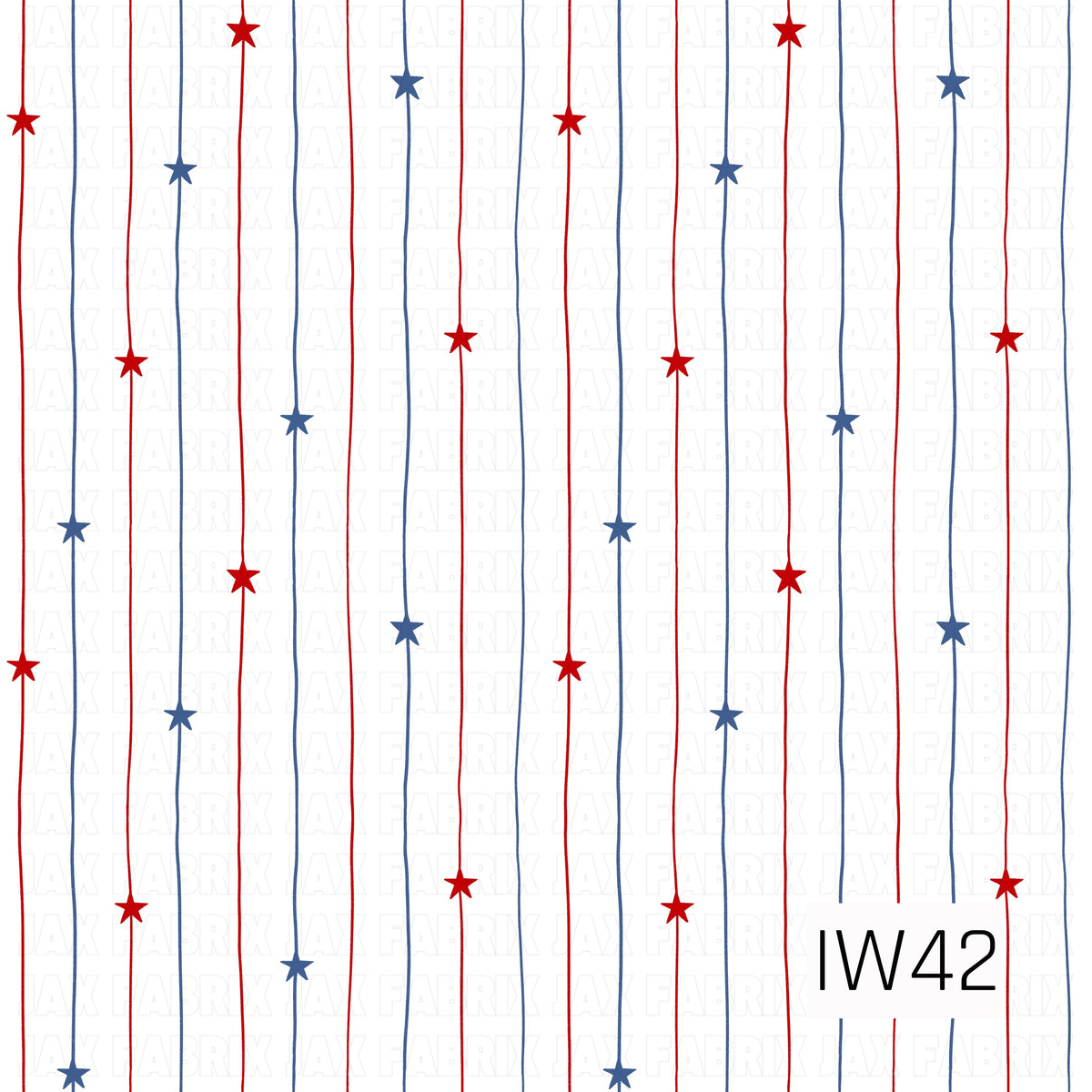 A classic patriotic pattern featuring thin, slightly wavy vertical stripes in red and navy blue against a crisp white background. Small red and navy five-point stars are scattered along the stripes, creating a playful, hand-drawn look with a clean and timeless Americana feel.