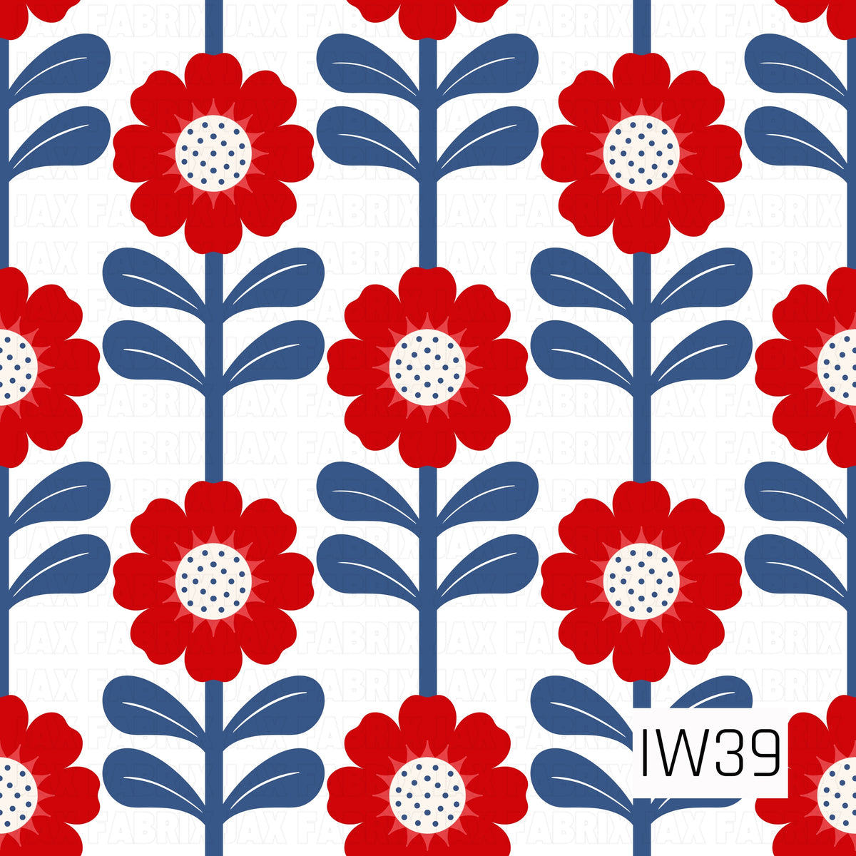 A bold retro floral pattern featuring bright red flowers with rounded petals and white centers accented by navy blue polka dots. Deep navy stems and oversized curved leaves create a repeating vertical design against a crisp white background, giving this print a fun, vintage-inspired patriotic look.