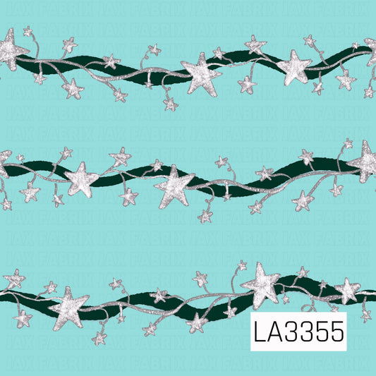 A whimsical star stripe pattern featuring sparkling silver stars and curling silver vines layered over flowing dark green ribbons. Set against a bright aqua background, the design has a fun, festive feel with plenty of shimmer and contrast.

