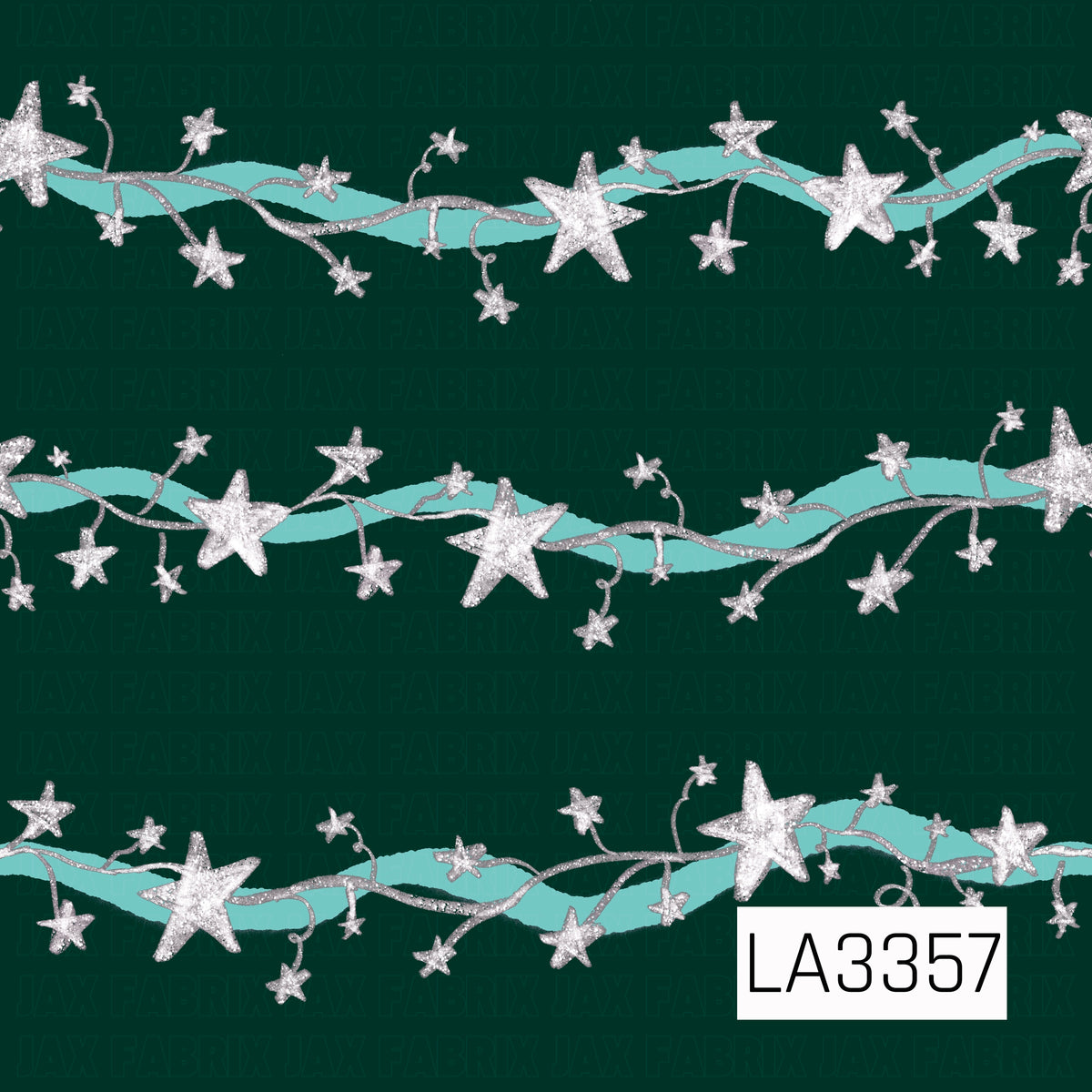 A whimsical star stripe pattern featuring sparkling silver stars and curling silver vines intertwined with flowing aqua ribbons. Set against a deep forest green background, the cool aqua and silver accents give the design a fun, festive holiday feel.

