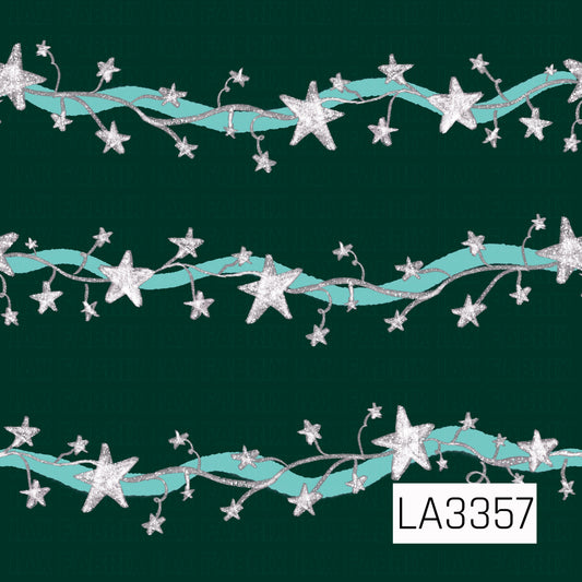 A whimsical star stripe pattern featuring sparkling silver stars and curling silver vines intertwined with flowing aqua ribbons. Set against a deep forest green background, the cool aqua and silver accents give the design a fun, festive holiday feel.
