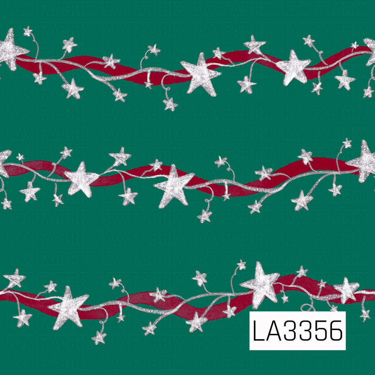 A festive star stripe pattern featuring sparkling silver stars and whimsical curling vines intertwined with flowing deep red ribbons. Set against a rich emerald green background, the classic red, green, and silver palette gives this design a playful Christmas feel.
