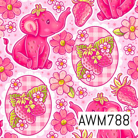 A sweet seamless pattern featuring adorable strawberry elephants, fresh strawberries, strawberry clusters, cheerful flowers, and soft pink gingham accents on a light pink background. This playful fruit-themed design is perfect for children’s apparel, quilts, blankets, nursery décor, bows, bags, and other fun sewing and crafting projects.