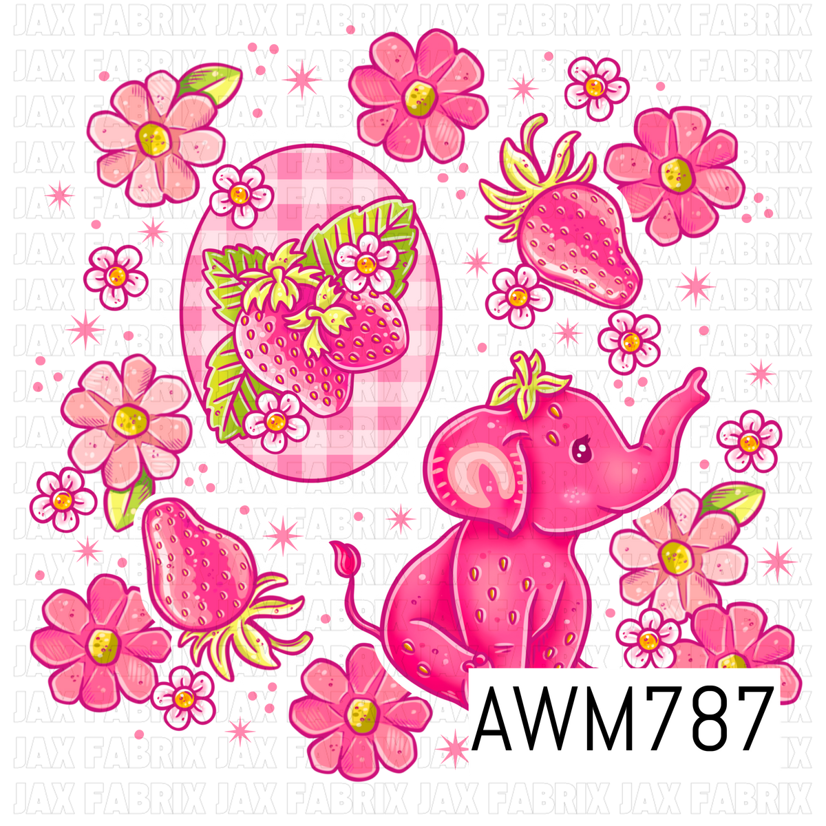 A sweet PNG featuring an adorable strawberry elephant, fresh strawberries, strawberry blossoms, and pink floral accents in bright shades of pink and green. This cheerful artwork is perfect for children’s apparel, bows, bags, stickers, tumblers, nursery décor, and other fruity sewing and crafting projects.