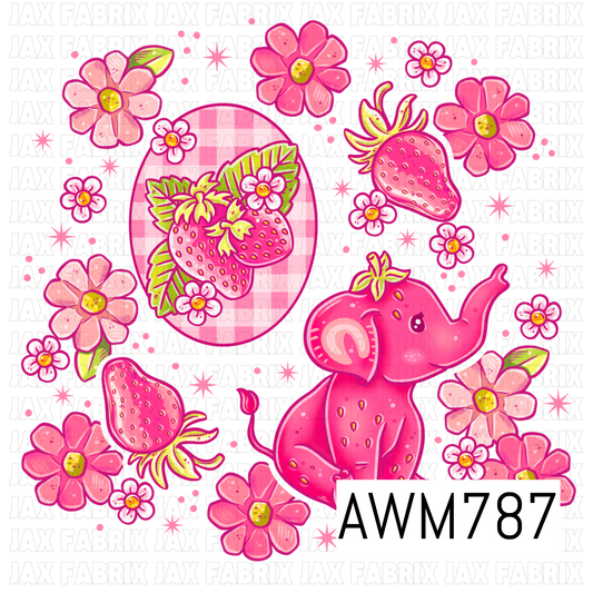 A sweet PNG featuring an adorable strawberry elephant, fresh strawberries, strawberry blossoms, and pink floral accents in bright shades of pink and green. This cheerful artwork is perfect for children’s apparel, bows, bags, stickers, tumblers, nursery décor, and other fruity sewing and crafting projects.