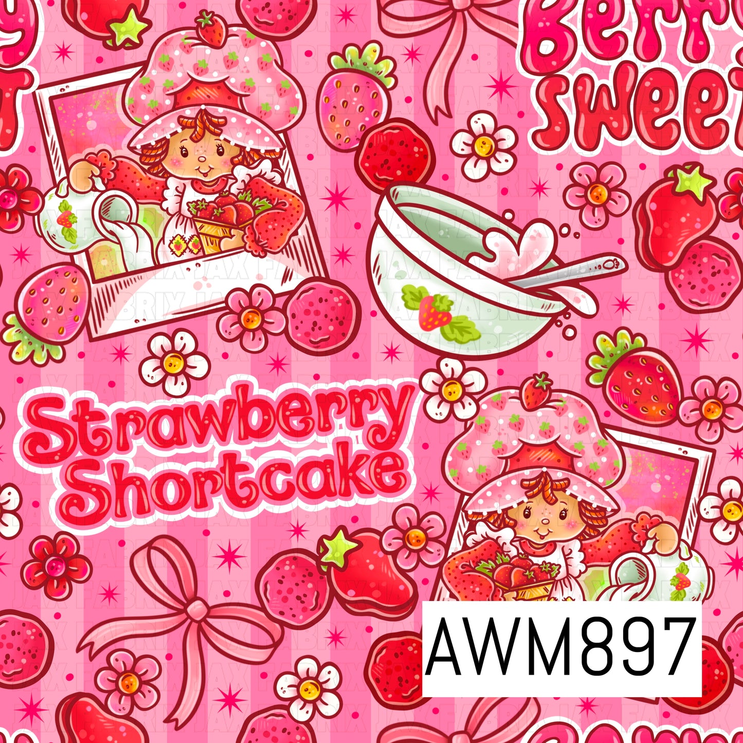 Sweet berry-themed seamless pattern featuring adorable vintage-inspired strawberry girls, fresh strawberries, teacups, mixing bowls, ribbons, flowers, and playful berry accents. Set against a soft pink striped background with sparkling starbursts and cheerful floral details, this whimsical design is filled with shades of pink, red, and white, creating a nostalgic cottagecore aesthetic in a charming repeating pattern.