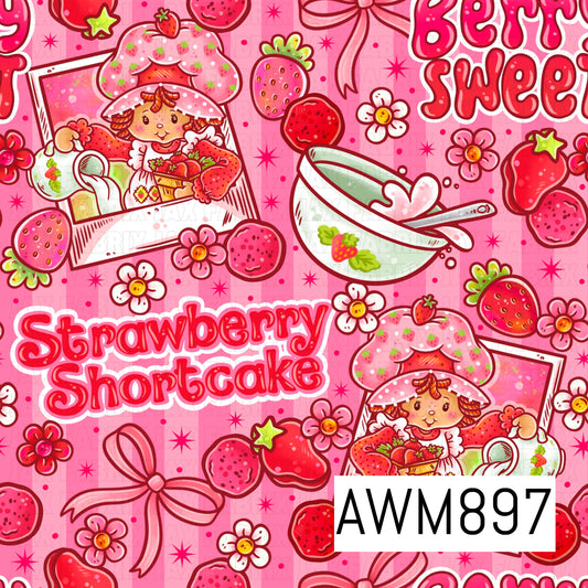 Sweet berry-themed seamless pattern featuring adorable vintage-inspired strawberry girls, fresh strawberries, teacups, mixing bowls, ribbons, flowers, and playful berry accents. Set against a soft pink striped background with sparkling starbursts and cheerful floral details, this whimsical design is filled with shades of pink, red, and white, creating a nostalgic cottagecore aesthetic in a charming repeating pattern.