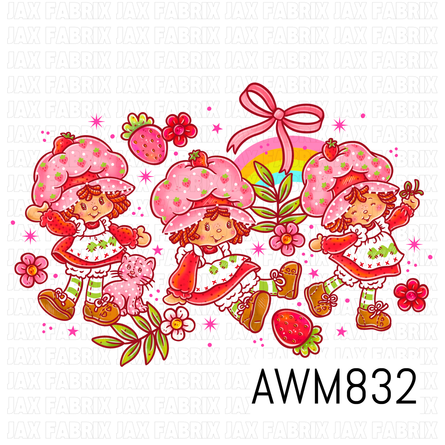 A whimsical vintage-inspired PNG featuring three strawberry-themed girls wearing oversized pink polka dot hats with tiny strawberry accents, red dresses, striped socks, and brown lace-up shoes. The design includes bright strawberries, pink flowers, leafy greenery, a rainbow with a bow, sparkly stars, and a pink kitten, creating a sweet, nostalgic strawberry garden theme.
