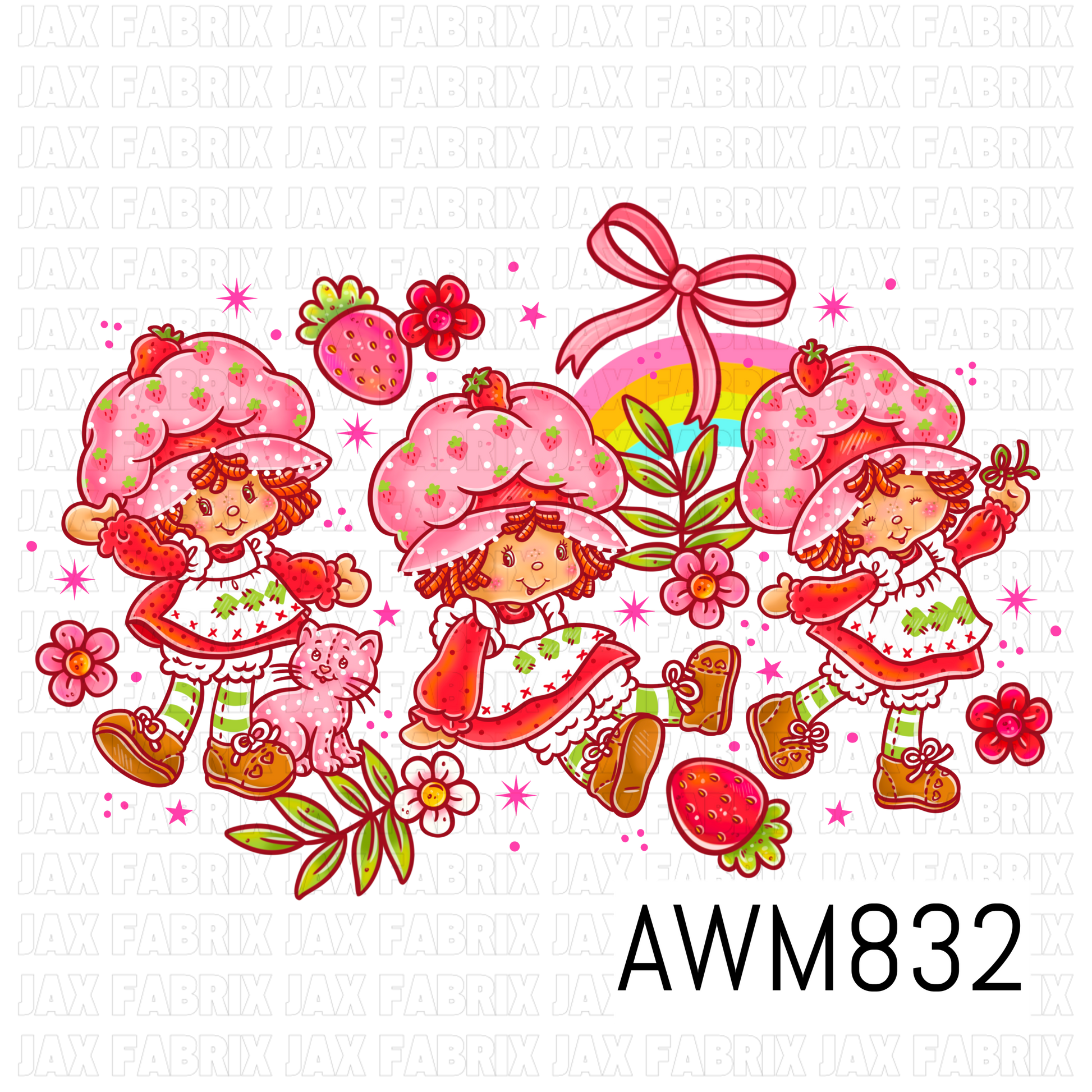 A whimsical vintage-inspired PNG featuring three strawberry-themed girls wearing oversized pink polka dot hats with tiny strawberry accents, red dresses, striped socks, and brown lace-up shoes. The design includes bright strawberries, pink flowers, leafy greenery, a rainbow with a bow, sparkly stars, and a pink kitten, creating a sweet, nostalgic strawberry garden theme.