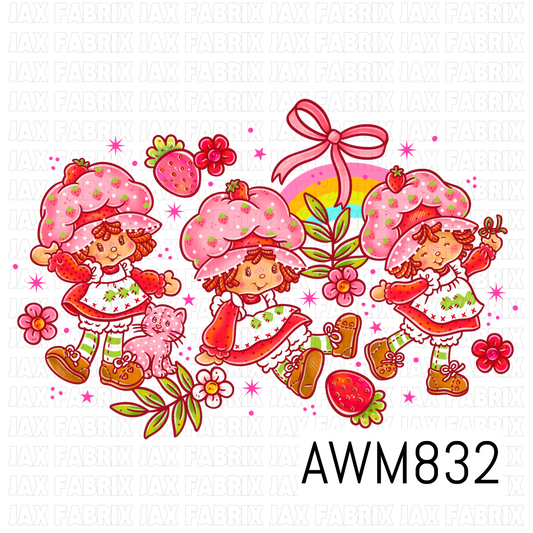 A whimsical vintage-inspired PNG featuring three strawberry-themed girls wearing oversized pink polka dot hats with tiny strawberry accents, red dresses, striped socks, and brown lace-up shoes. The design includes bright strawberries, pink flowers, leafy greenery, a rainbow with a bow, sparkly stars, and a pink kitten, creating a sweet, nostalgic strawberry garden theme.