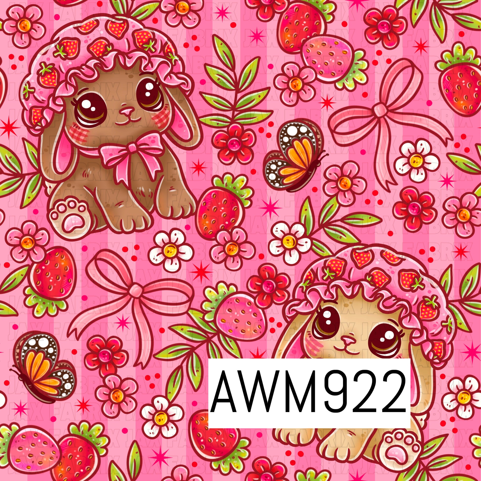 This file features an adorable strawberry-themed bunny pattern on a soft pink background. The design showcases sweet floppy-eared bunnies wearing ruffled strawberry-print bonnets and pink bows, surrounded by strawberries, flowers, butterflies, leafy sprigs, and ribbon accents. Bright shades of pink, red, green, and cream create a whimsical cottagecore aesthetic, making it perfect for spring, Easter, nursery, and children's fabric, bow, and accessory projects.