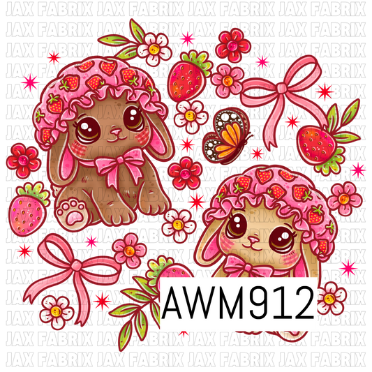Adorable strawberry-themed kawaii PNG featuring two sweet bunny characters wearing pink strawberry bonnets with ruffled trim and matching bows. Surrounded by strawberries, delicate flowers, pink ribbons, a butterfly, leafy accents, and sparkling starbursts, this charming design is illustrated in vibrant shades of pink, red, and cream with a whimsical cottagecore aesthetic on a transparent background.