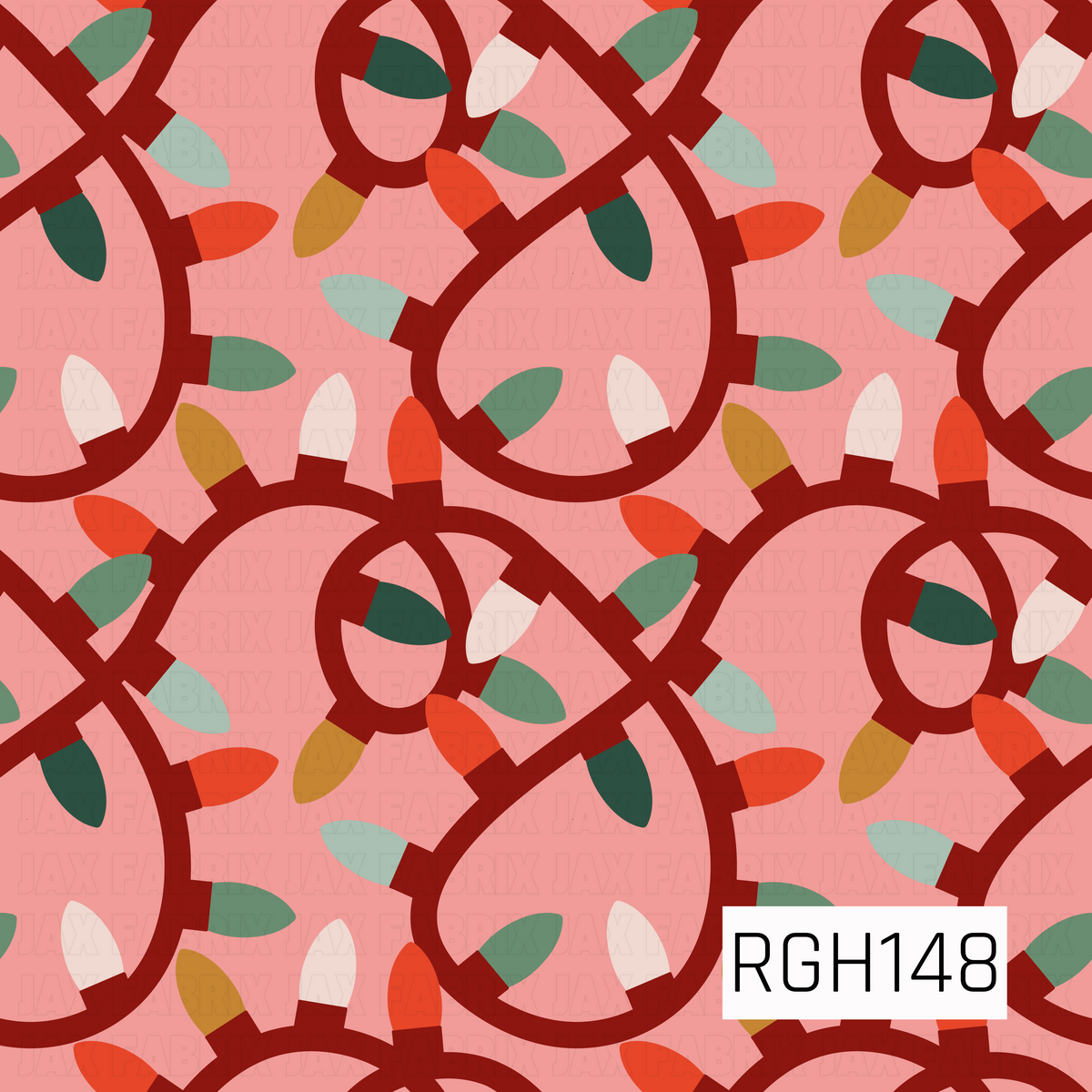 A whimsical holiday pattern featuring oversized strands of Christmas lights looping across a soft pink background. The bulbs alternate between shades of green, red, coral, cream, and golden yellow for a playful retro-inspired Christmas look.
