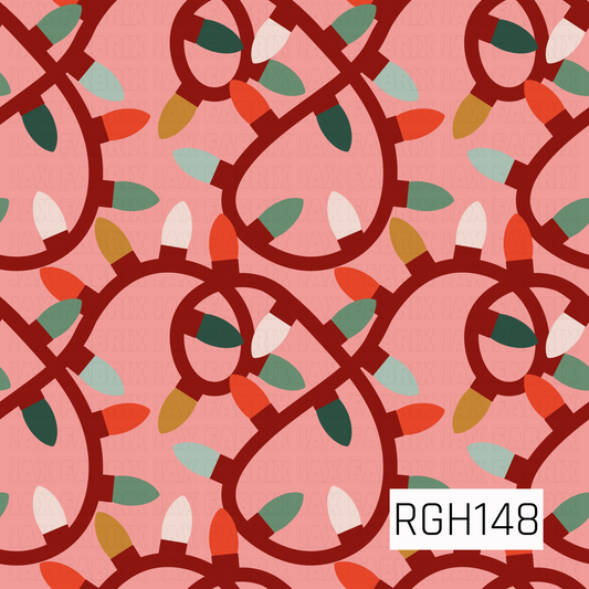 A whimsical holiday pattern featuring oversized strands of Christmas lights looping across a soft pink background. The bulbs alternate between shades of green, red, coral, cream, and golden yellow for a playful retro-inspired Christmas look.
