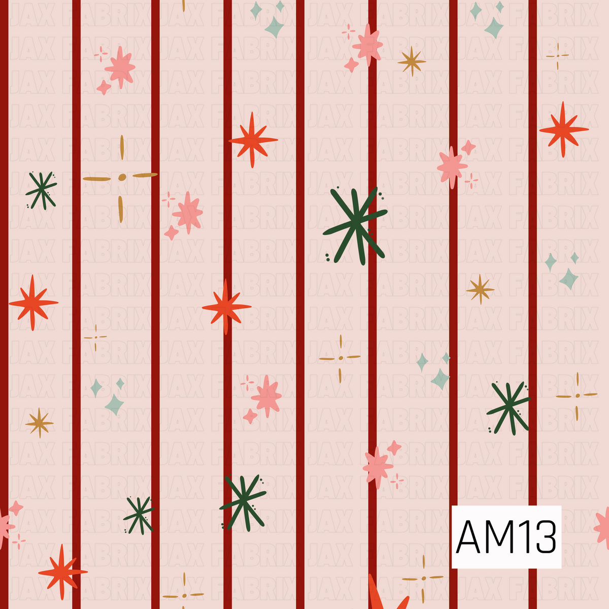 A playful retro Christmas pattern featuring scattered starbursts and sparkle accents in red, pink, forest green, mint, and golden mustard. The festive shapes are arranged over a soft blush pink background with bold vertical red stripes for a fun vintage holiday feel.
