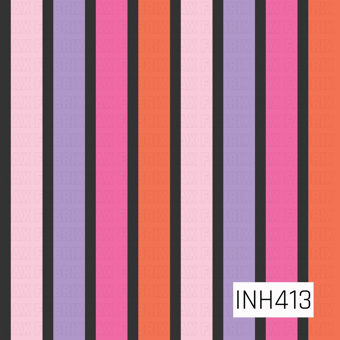 Vertical stripes in alternating shades of light pink, lavender, hot pink, coral orange, and black. The evenly spaced stripe pattern creates a bold, colorful design with a clean, modern look.
