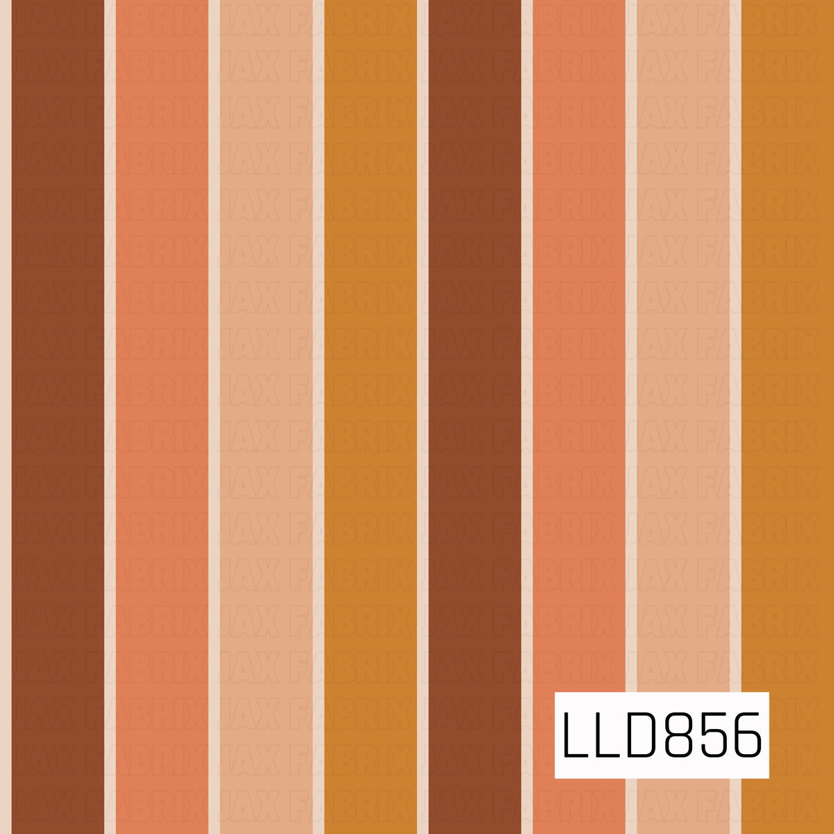 A warm retro stripe featuring wide vertical bands of earthy brown, burnt orange, soft peach, and golden mustard, separated by thin cream lines. The rich autumn-inspired palette gives it a cozy vintage feel.

