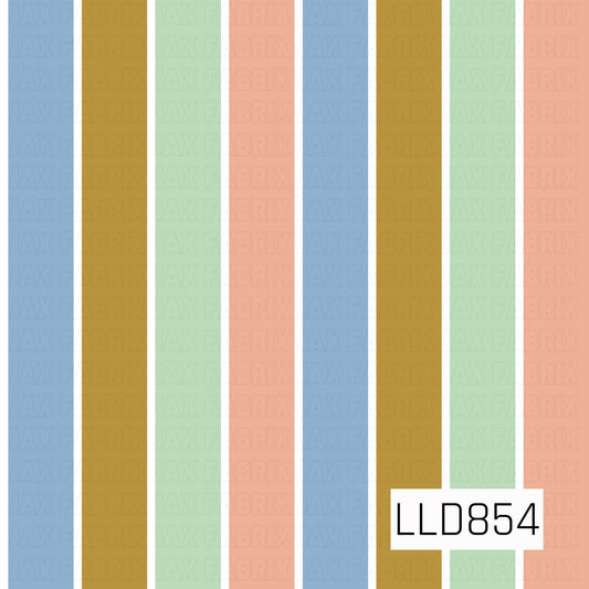 A soft retro striped pattern featuring wide vertical bands of dusty blue, golden mustard, pale mint green, and warm peach, separated by crisp white stripes. The muted pastel palette gives the design a playful vintage feel.
