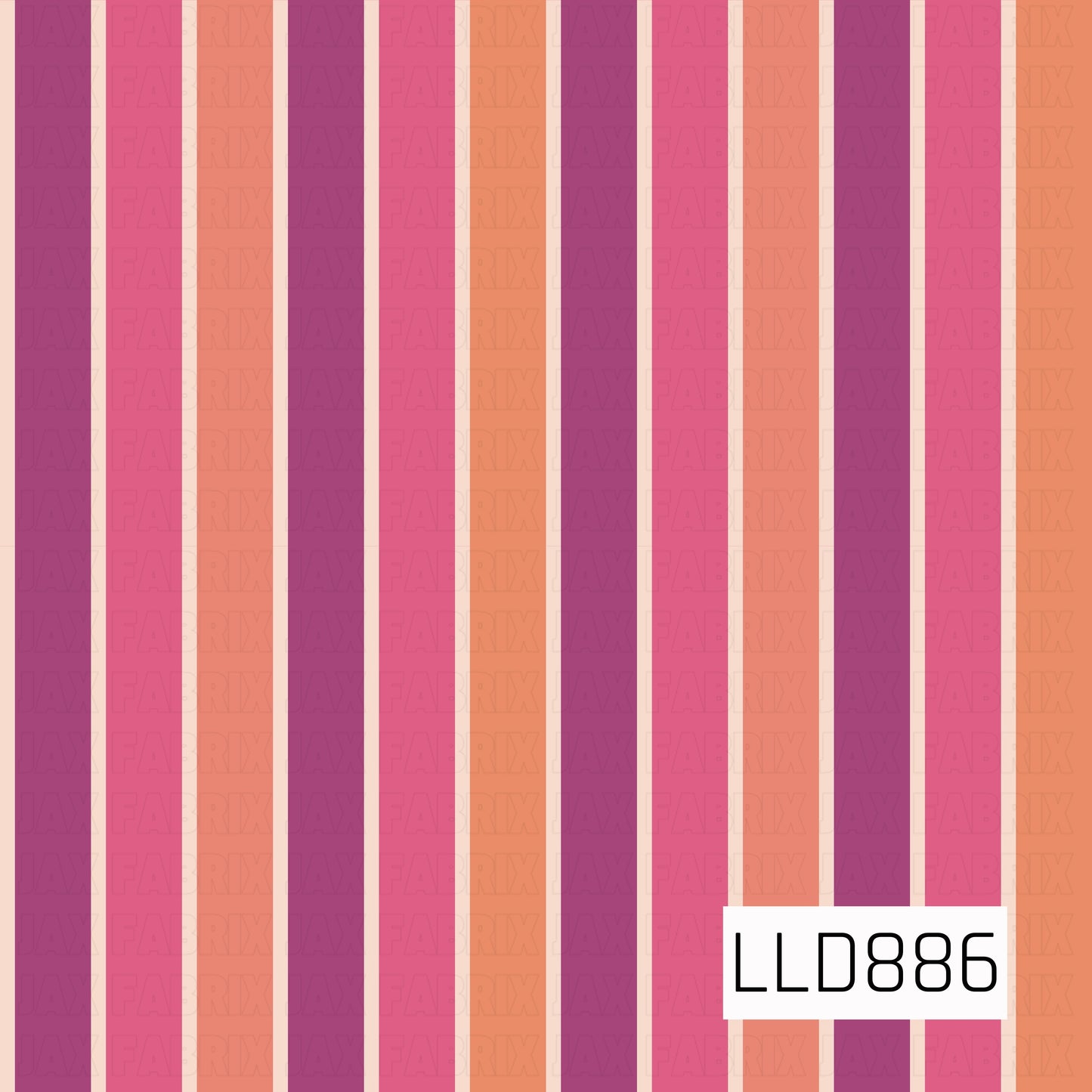 A bold retro stripe design featuring vertical bands in warm coral orange, hot pink, deep berry purple, and soft cream. The varying stripe widths and vibrant color palette give it a playful vintage-inspired look.
