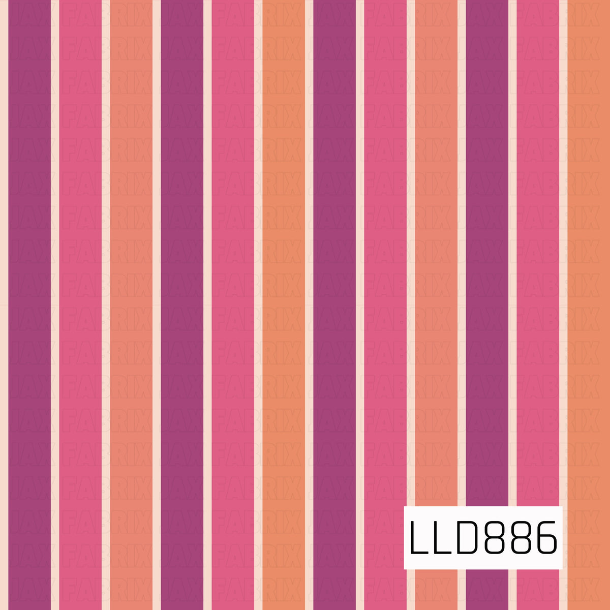 A bold retro stripe design featuring vertical bands in warm coral orange, hot pink, deep berry purple, and soft cream. The varying stripe widths and vibrant color palette give it a playful vintage-inspired look.
