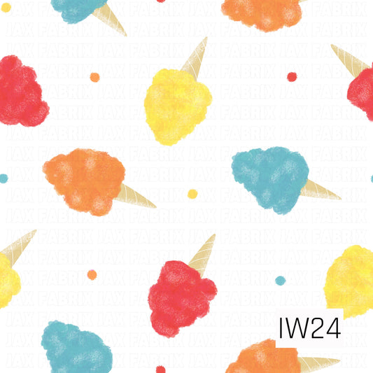 A bright and playful pattern featuring fluffy, textured cotton candy cones in vibrant red, sunny yellow, turquoise blue, and orange. Each colorful cotton candy puff sits atop a golden waffle cone, with tiny coordinating confetti dots scattered across a crisp white background. The soft, hand-painted texture gives this sweet design a whimsical, retro carnival-inspired feel.