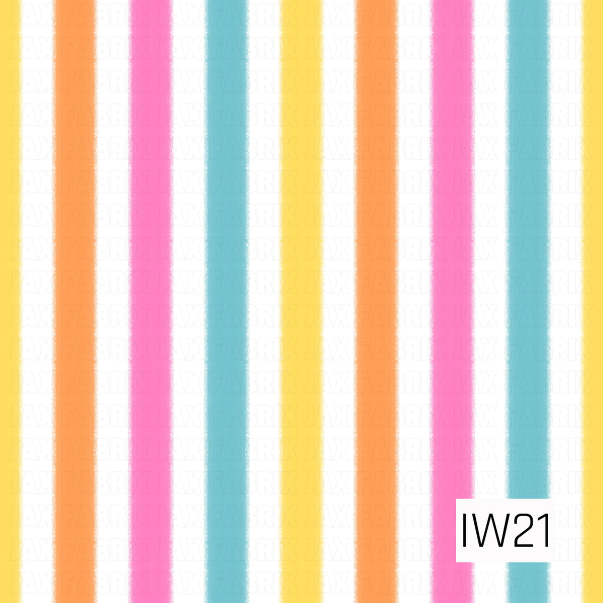A bright and playful vertical stripe pattern featuring vibrant pink, sunny yellow, peachy orange, and turquoise blue stripes separated by crisp white spaces. Each stripe has softly textured, slightly feathered edges, giving the design a fun, hand-painted watercolor feel with a cheerful summer-inspired color palette.