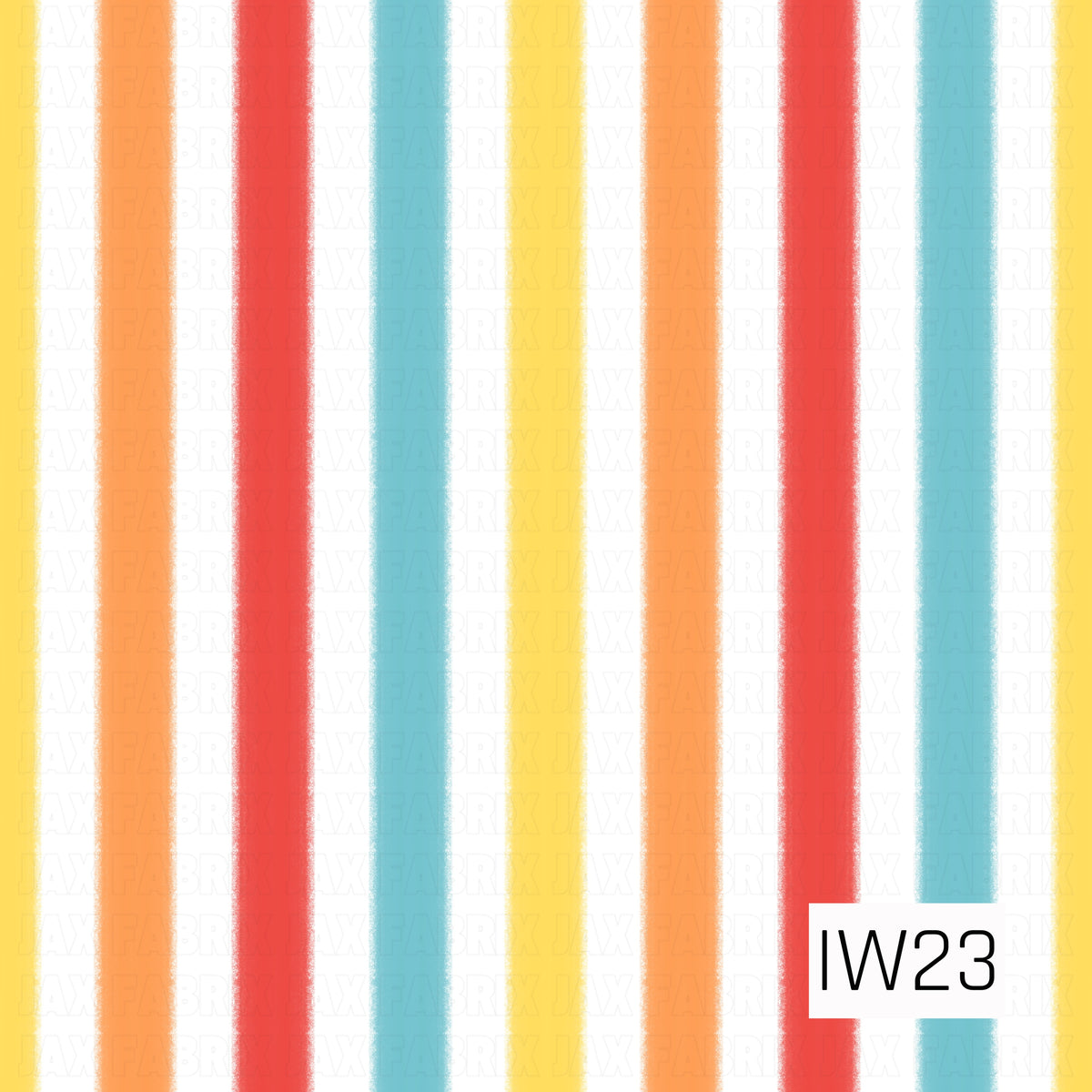 A bright and playful vertical stripe pattern featuring bold bands of vibrant red, peachy orange, turquoise blue, and sunny yellow separated by crisp white spaces. The stripes have softly feathered, textured edges that give the design a fun, hand-painted watercolor feel with a cheerful, retro-inspired look.