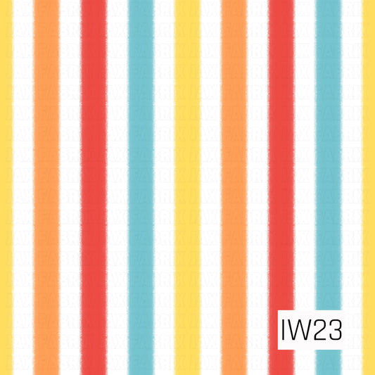A bright and playful vertical stripe pattern featuring bold bands of vibrant red, peachy orange, turquoise blue, and sunny yellow separated by crisp white spaces. The stripes have softly feathered, textured edges that give the design a fun, hand-painted watercolor feel with a cheerful, retro-inspired look.