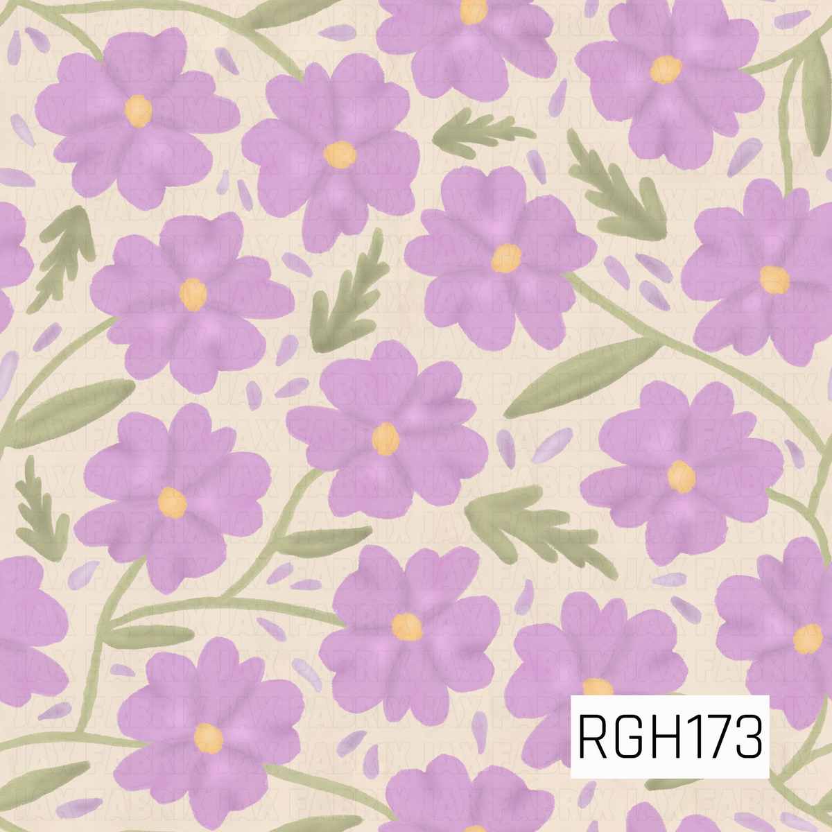 A soft, whimsical floral pattern featuring lavender purple flowers with rounded, slightly irregular petals and delicate buttery yellow centers. The blooms are scattered across a warm creamy ivory background, surrounded by flowing sage green stems, elongated leaves, and delicate leafy sprigs. Small lavender petal accents fill the spaces between the flowers, while the subtle watercolor texture and softly blended edges give the design a dreamy, hand-painted appearance.