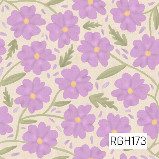 A soft, whimsical floral pattern featuring lavender purple flowers with rounded, slightly irregular petals and delicate buttery yellow centers. The blooms are scattered across a warm creamy ivory background, surrounded by flowing sage green stems, elongated leaves, and delicate leafy sprigs. Small lavender petal accents fill the spaces between the flowers, while the subtle watercolor texture and softly blended edges give the design a dreamy, hand-painted appearance.