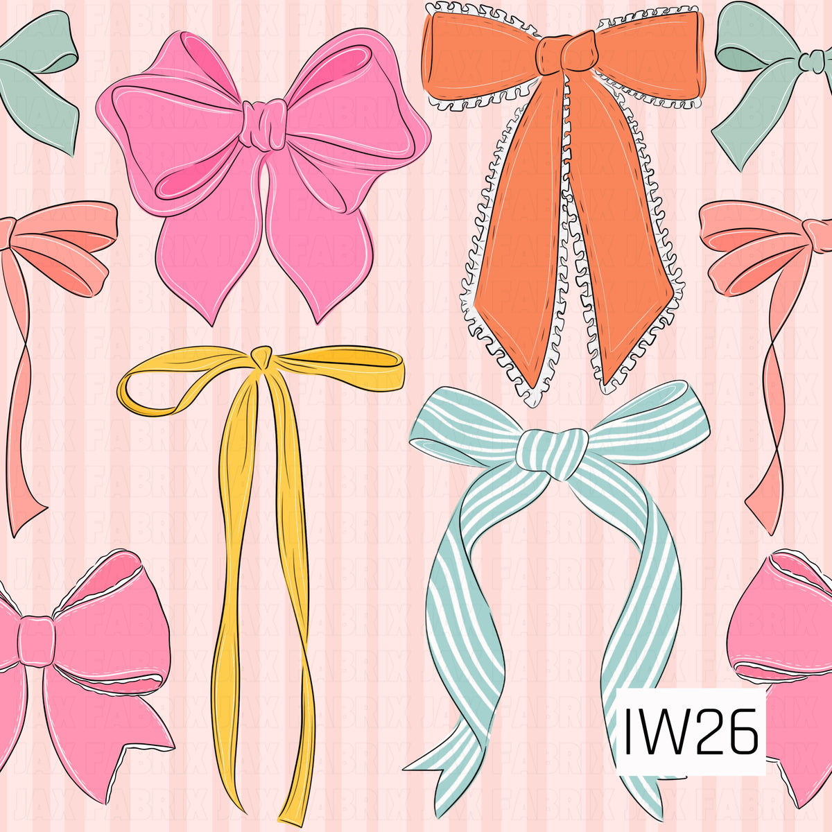 A playful and feminine pattern featuring an assortment of hand-drawn bows in vibrant shades of bubblegum pink, coral, orange, buttery yellow, and soft mint blue. The bows vary in style, from oversized statement bows and delicate ribbon ties to long flowing tails, striped ribbons, and charming ruffled edges. Fine black outlines and subtle sketch details give each bow a whimsical, illustrated look, all scattered across a soft blush pink background with faint vertical stripes.