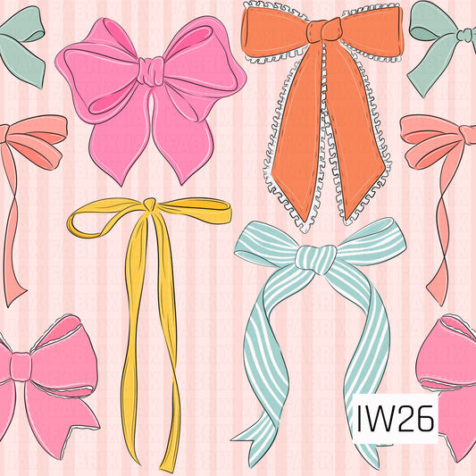A playful and feminine pattern featuring an assortment of hand-drawn bows in vibrant shades of bubblegum pink, coral, orange, buttery yellow, and soft mint blue. The bows vary in style, from oversized statement bows and delicate ribbon ties to long flowing tails, striped ribbons, and charming ruffled edges. Fine black outlines and subtle sketch details give each bow a whimsical, illustrated look, all scattered across a soft blush pink background with faint vertical stripes.