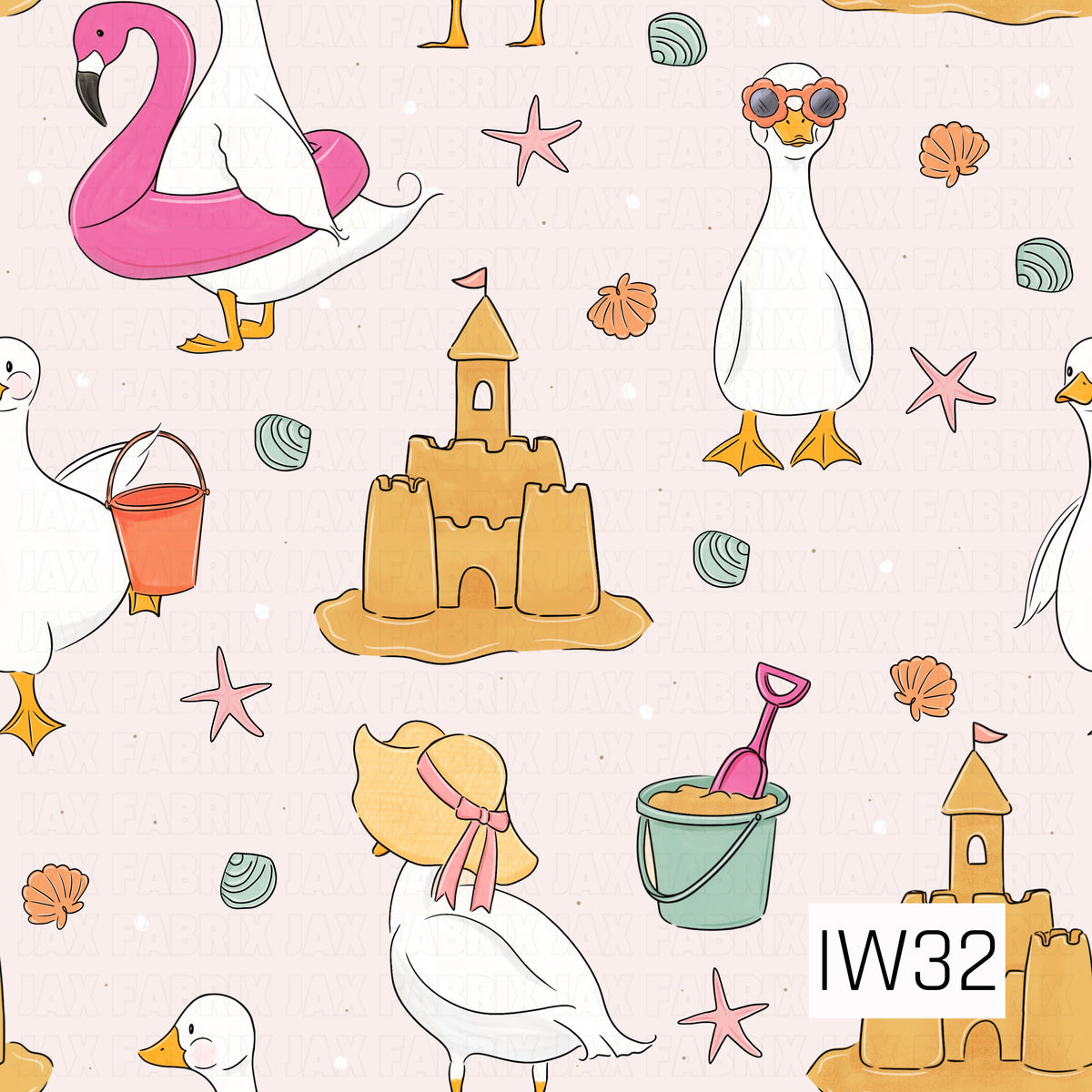 A whimsical summer pattern featuring adorable white geese enjoying a beach day with pink flamingo pool floats, oversized sun hats, and flower-shaped sunglasses. Golden sandcastles, colorful beach buckets, seashells, and pink starfish are scattered across a soft blush pink background, creating a playful coastal design with charming hand-drawn details.