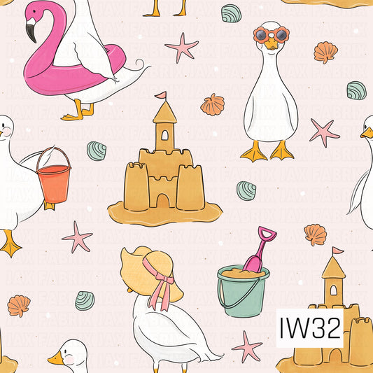 A whimsical summer pattern featuring adorable white geese enjoying a beach day with pink flamingo pool floats, oversized sun hats, and flower-shaped sunglasses. Golden sandcastles, colorful beach buckets, seashells, and pink starfish are scattered across a soft blush pink background, creating a playful coastal design with charming hand-drawn details.