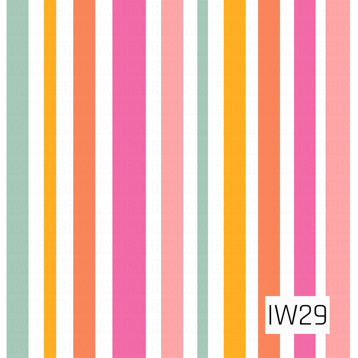 A bright and playful stripe pattern featuring bold vertical bands of sage green, golden yellow, warm coral orange, vibrant pink, and soft blush. The stripes alternate in varying widths with crisp white spaces between each color, creating a clean, colorful design. The cheerful color palette gives this classic striped pattern a fresh, retro-inspired summer feel.