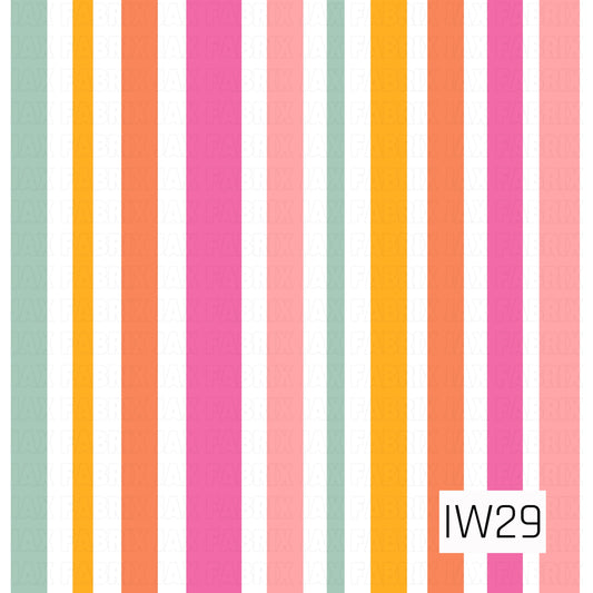 A bright and playful stripe pattern featuring bold vertical bands of sage green, golden yellow, warm coral orange, vibrant pink, and soft blush. The stripes alternate in varying widths with crisp white spaces between each color, creating a clean, colorful design. The cheerful color palette gives this classic striped pattern a fresh, retro-inspired summer feel.