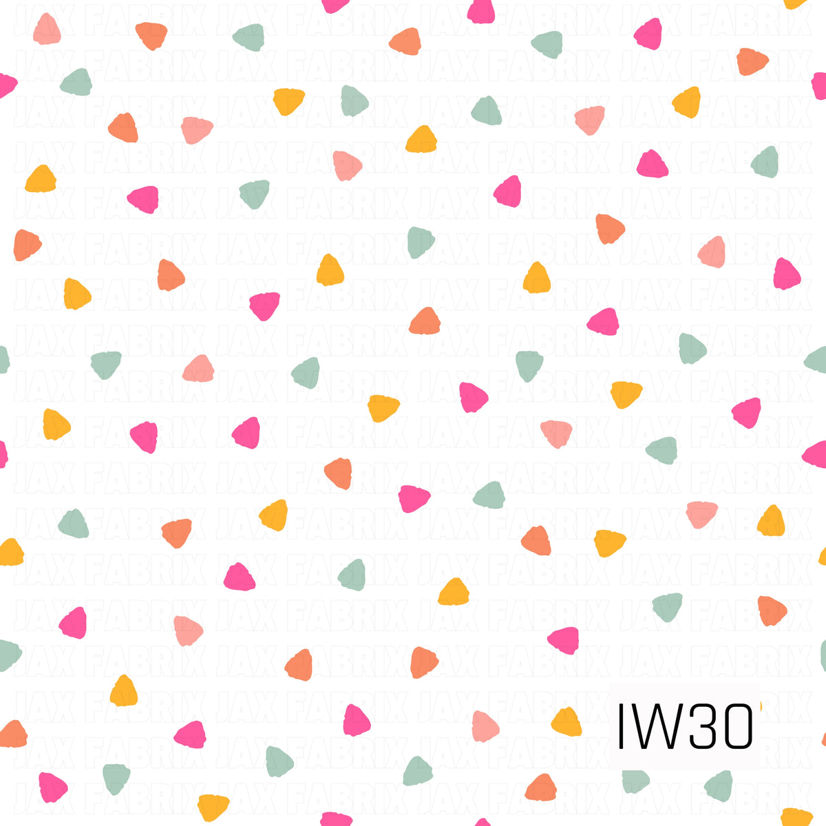 A fun and playful scattered pattern featuring small, irregular triangle-shaped confetti pieces in vibrant shades of hot pink, coral, peach, golden yellow, and muted sage green. Each shape has slightly uneven, hand-drawn edges and a subtle textured finish, creating a whimsical, organic look. The colorful shapes are randomly scattered across a crisp white background, giving this design a cheerful, modern retro-inspired feel.