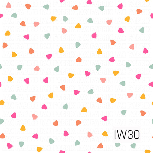 A fun and playful scattered pattern featuring small, irregular triangle-shaped confetti pieces in vibrant shades of hot pink, coral, peach, golden yellow, and muted sage green. Each shape has slightly uneven, hand-drawn edges and a subtle textured finish, creating a whimsical, organic look. The colorful shapes are randomly scattered across a crisp white background, giving this design a cheerful, modern retro-inspired feel.